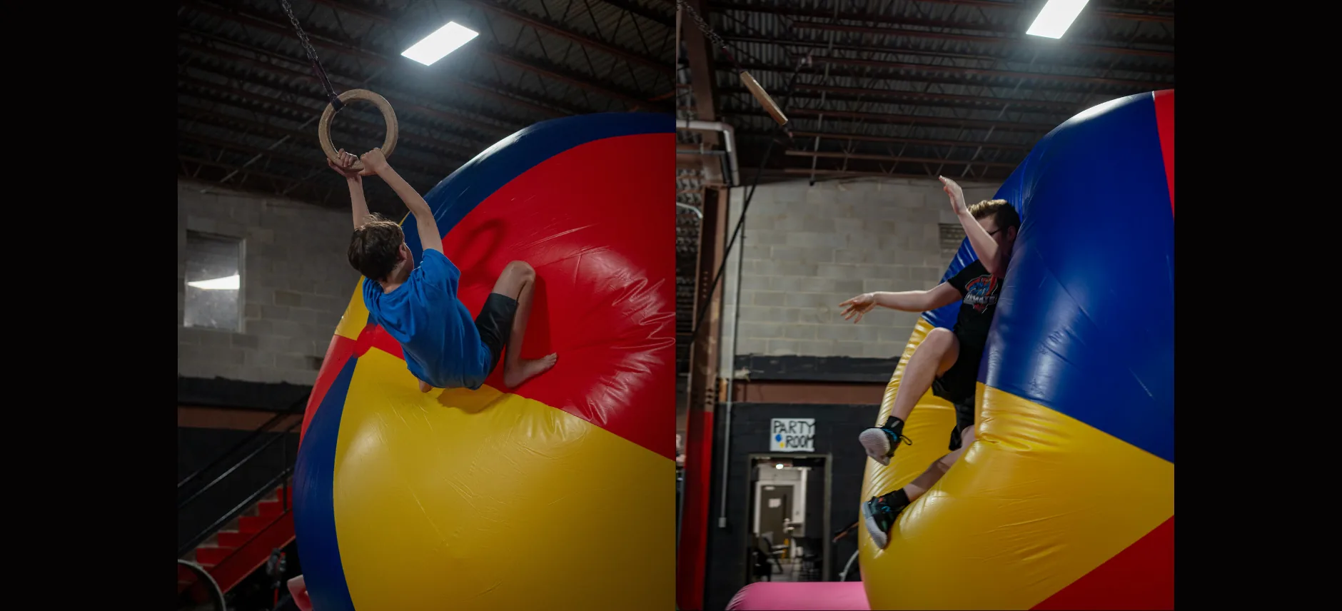 An athlete swings between obstacles on the rings at Ninjaletics in Lexington