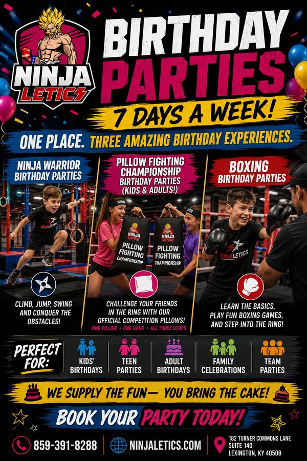Ninjaletics birthday parties 7 days a week promo